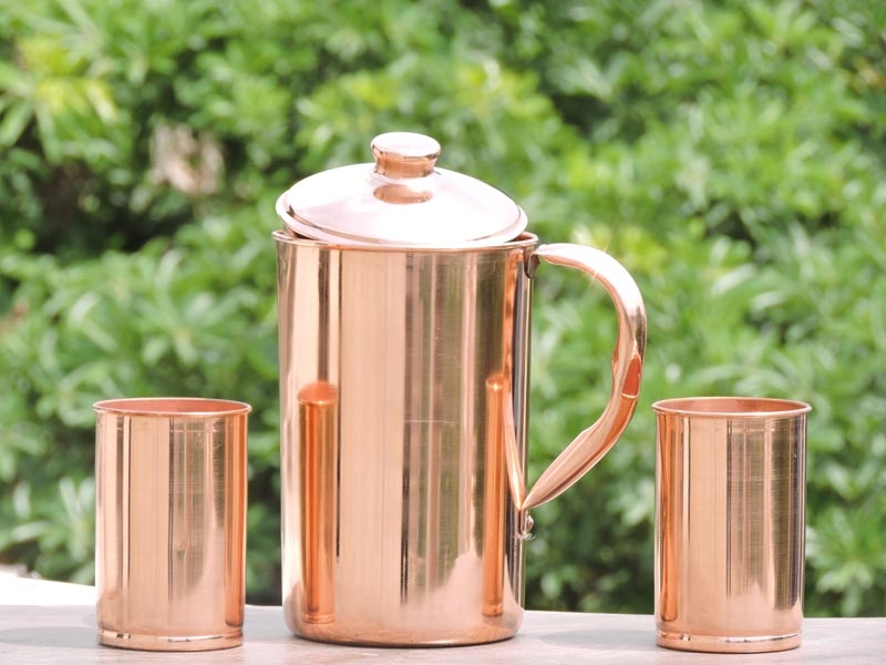 Plain Copper Jug with Two Plain Tumbler Set for Detoxification of Body