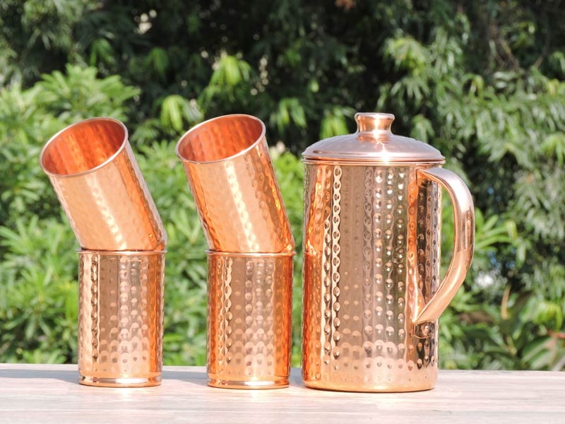 Indian Hammered Vessel Set of 5 Handmade Copper Jug 4 Tumbler Pitcher Pot Mug 