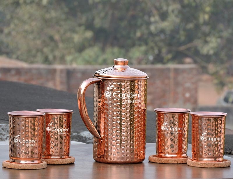 Copper Hammered Water Jug/Pitcher with Hammered Glasses Set with Lid
