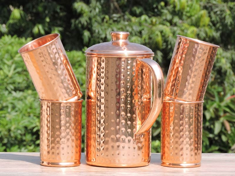4 Tumbler Glass Water Serving Set Vessel Pot Mug Set of 5 Copper Jug Pitcher 