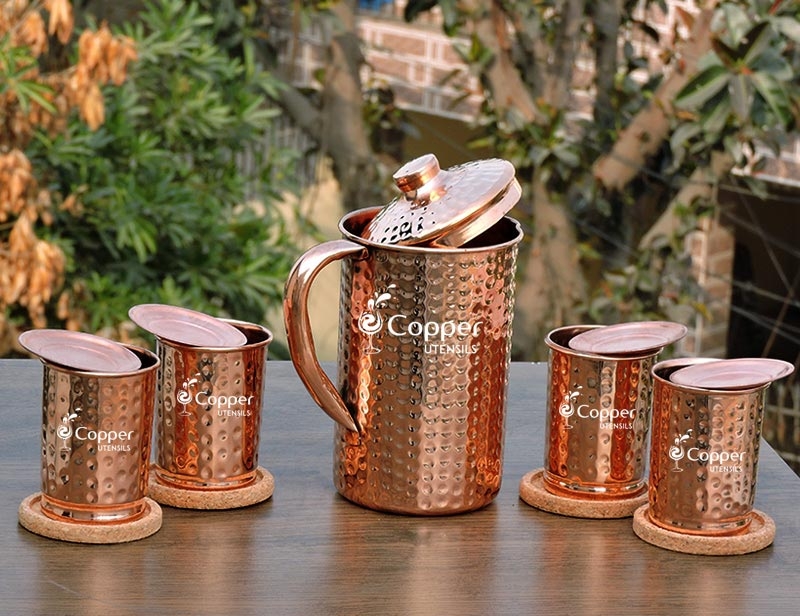 Copper Water Pitcher with matching tumblers 