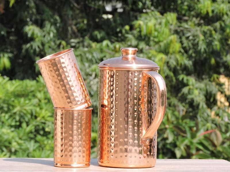 Copper & Stainless Steel Jug 2 Ltrs Tumbler and Glasses 