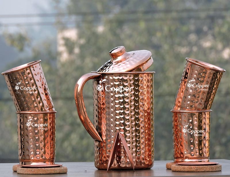 Copper Hammered Water Jug/Pitcher with Hammered Glasses Set with Lid