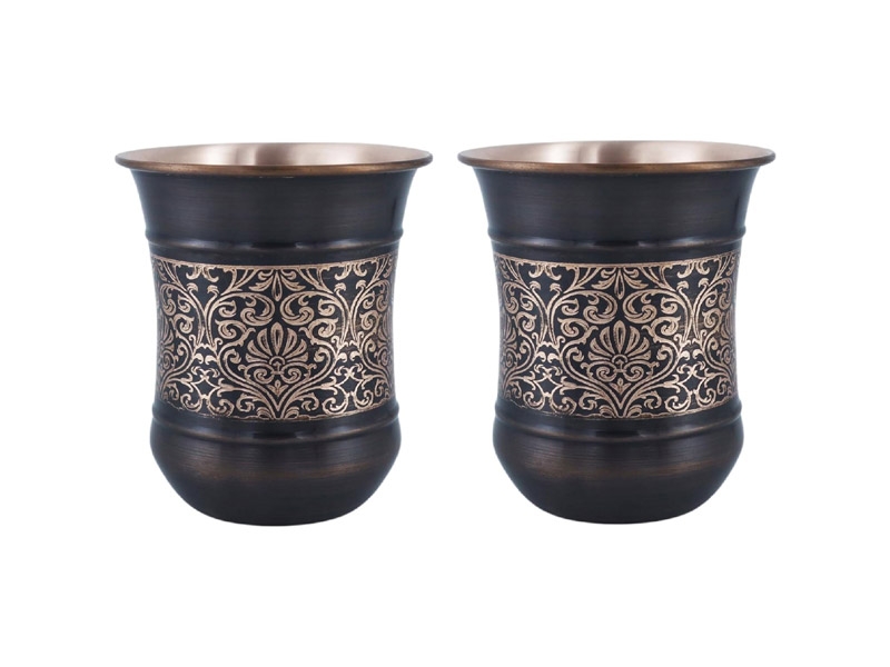 Copper Tumbler Set of 2 Floral Pattern 250 Ml Capacity For Ayurveda Health Benefits Curved