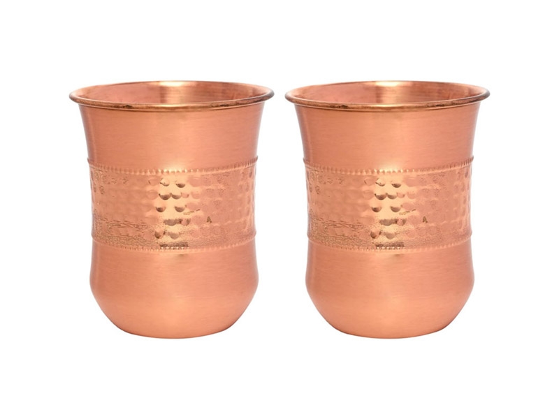 Copper Tumbler Set of 2 Hammered and Plain 250 Ml Capacity Curved