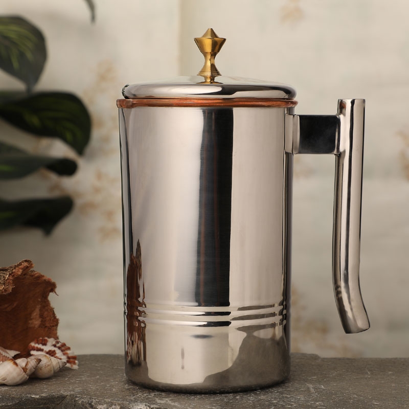 Copper and Stainless Steel Jug Outer Stainless Steel and Inner Copper Jug For Ayurveda Health Benefits 1.5 Liter Brass Knob