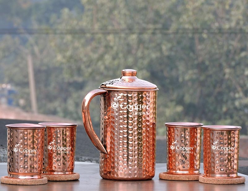 Copper Hammered Water Jug/Pitcher with Hammered Glasses Set with Lid
