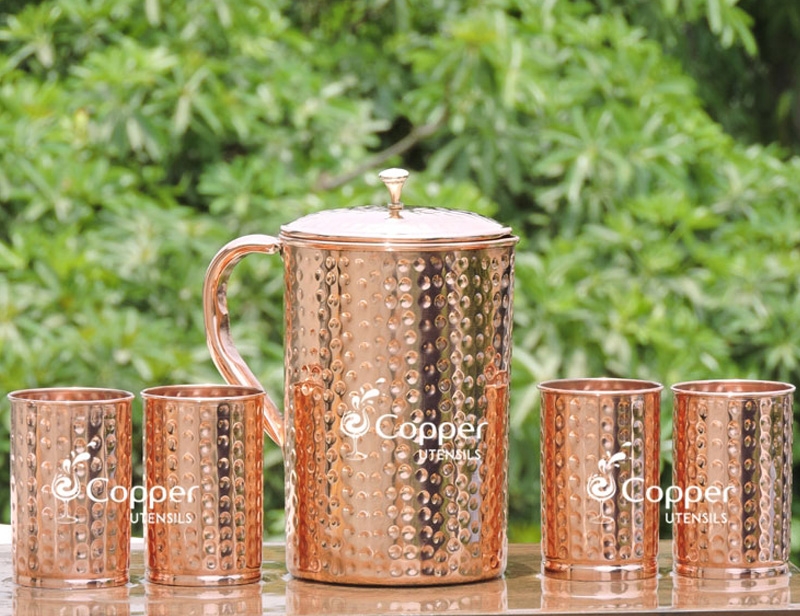 54 Ounce, 8 Inch SKAVIJ Pure Copper Jug with Lid and 4 Tumblers Set Hammered Style Water Pitcher