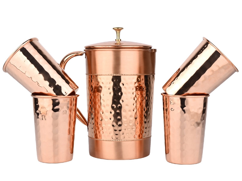 Hammered and Plain Copper Water Set  Jug With 4 Tumblers for Ayurveda Health