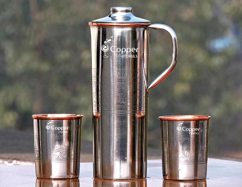 Intricately Designed Copper Fridge Bottle with 2 Copper Tumblers