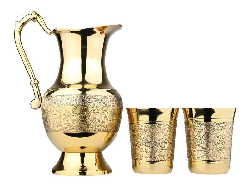Mughlai Brass Jug with Set of 2 Pure Brass Tumblers Elegant Water Storage Set