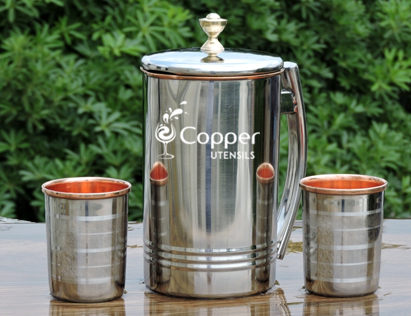 Outside Steel and inside copper Jug and 2 Tumbler set for Ayurvedic Benefits