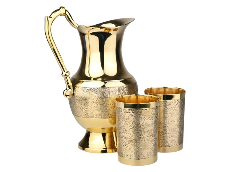 Brass Mughlai Jug with 2 Straight Tumblers Embossed Design for Water Storage and Serving