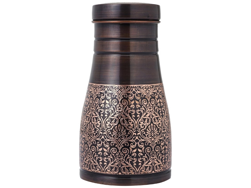 Pure Copper Bedside Carafe For Ayurveda Health Benefits Capacity 1 Liter Floral Pattern