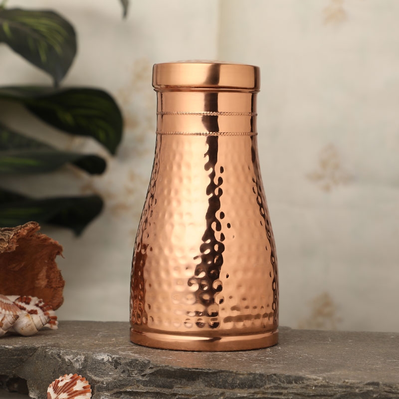 Pure Copper Bedside Carafe For Ayurveda Health Benefits Capacity 1 Liter Hammered