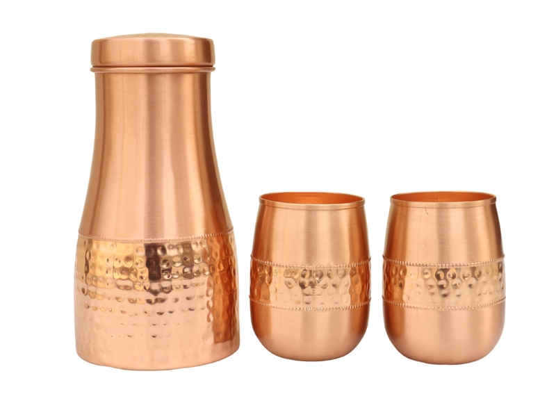 Pure Copper Bedside Carafe Hammered Design with Set of 2 Barrel Shaped Tumblers