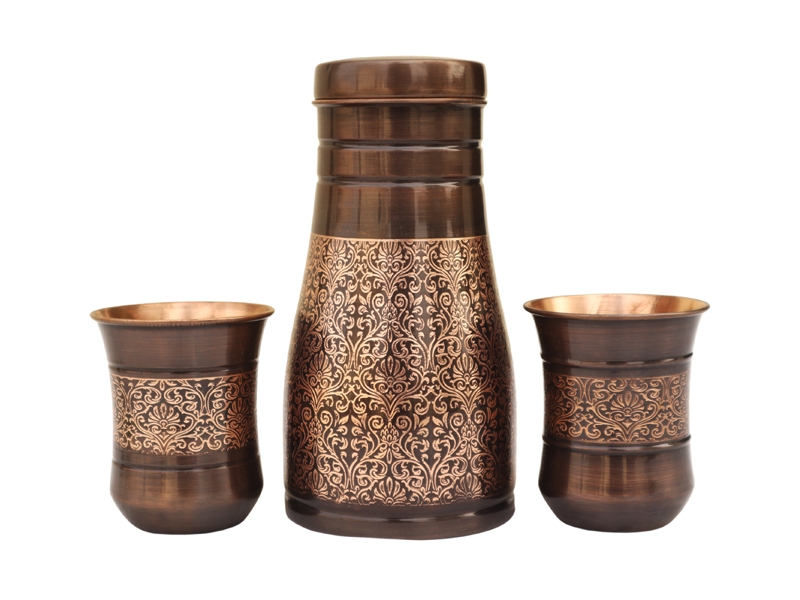 Pure Copper Bedside Carafe with Floral Pattern and a Set of 2 Curved Tumblers