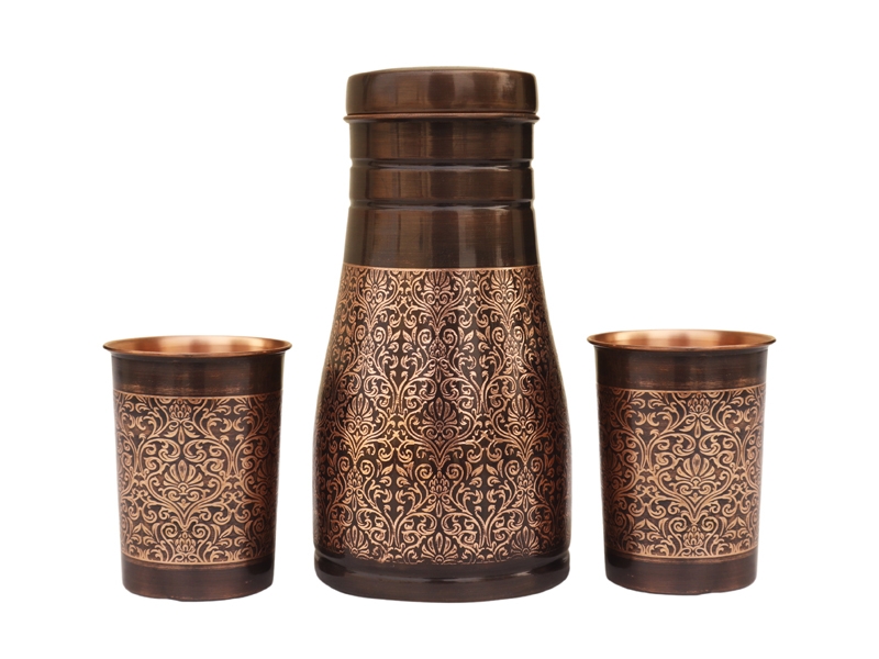 Pure Copper Bedside Carafe with Floral Pattern and a Set of 2 Etching Pattern Tumblers