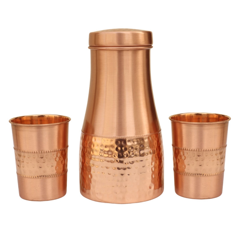 Pure Copper Carafe Flask Hammered and Plain with a Set of 2 Tumblers Straight Design