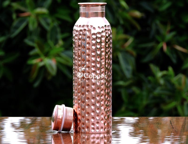 Details about  / Hammered Finish Pure Copper Bedroom Bottle With Inbuilt Glass Modern Drink Ware