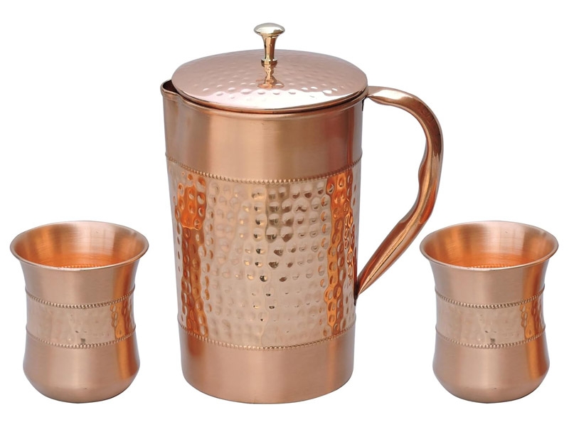 Pure Copper Water Jug with 2 Copper Tumblers Hammered and Plain Pattern For Ayurveda Health Benefits With Curved Glass