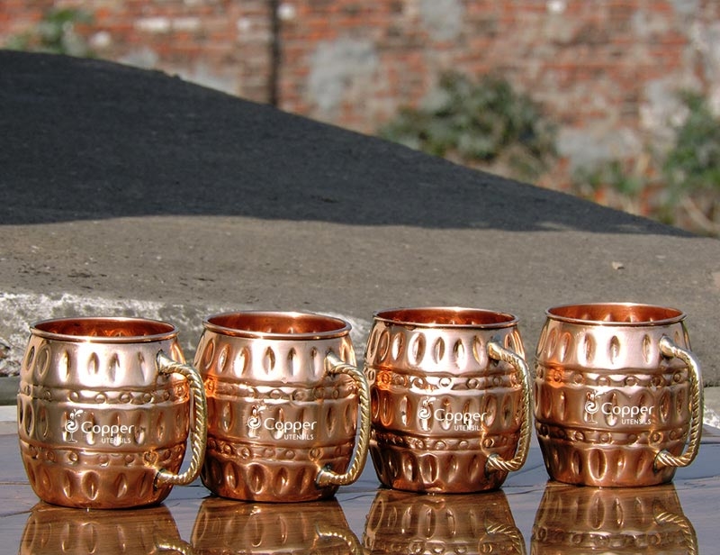 Set of Four Hammered Pure Copper Barrel Moscow Mule Mugs