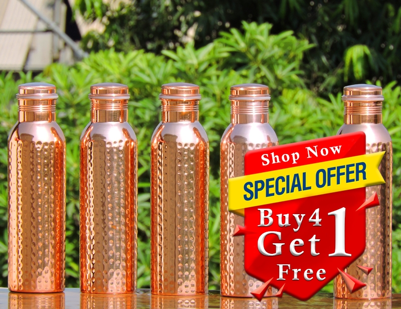 Set of Four Pure Copper Hammered Water Bottles-Get FREE 1000 ml Water Bottle with this Set