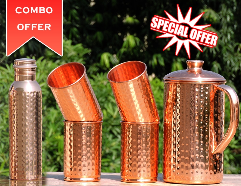 Set of Hammered Copper Jug with Tumblers- Get FREE 600 ml Copper Water Bottle