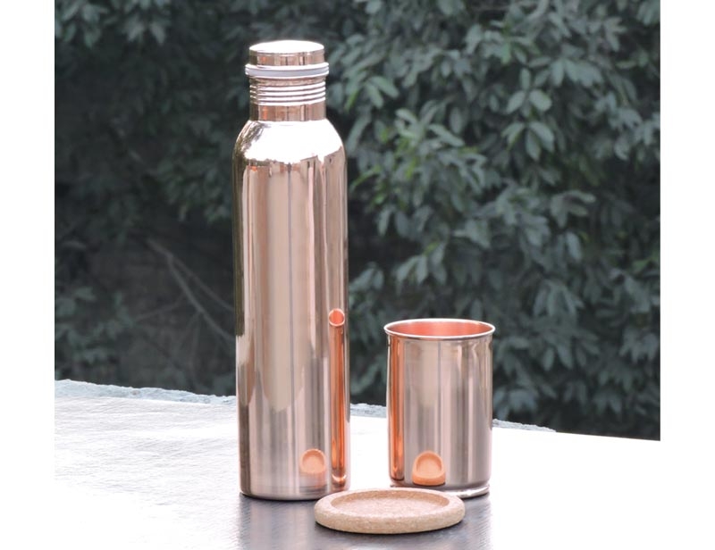Set of One Copper Leak Proof Water Bottle and One Copper Tumbler