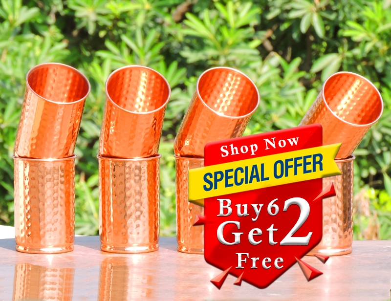 Set of Six Hammered Copper Glasses-Get 2 glasses FREE with this Set