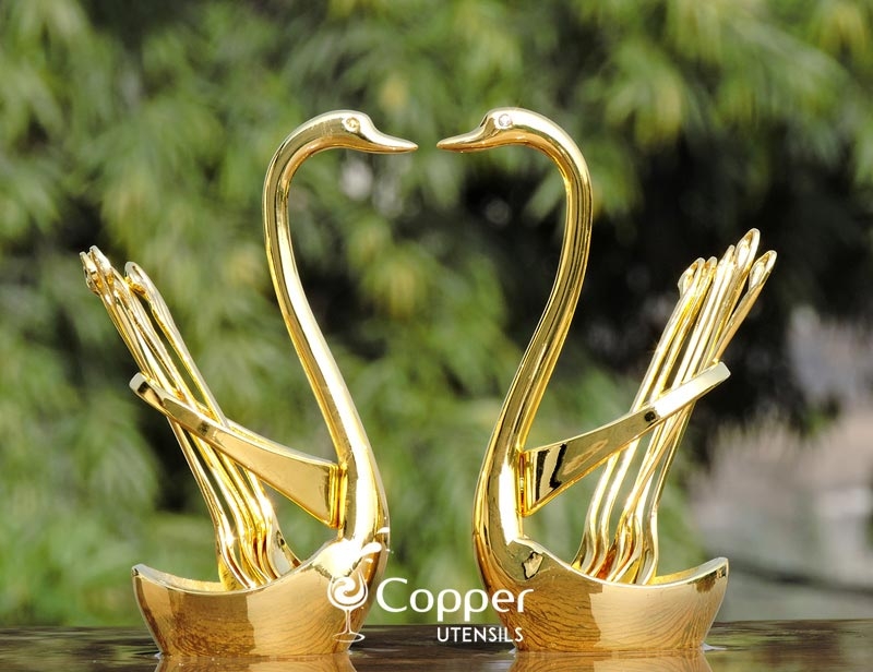 Set of Two Gold Colored Swan Spoon Stand with Six Spoons
