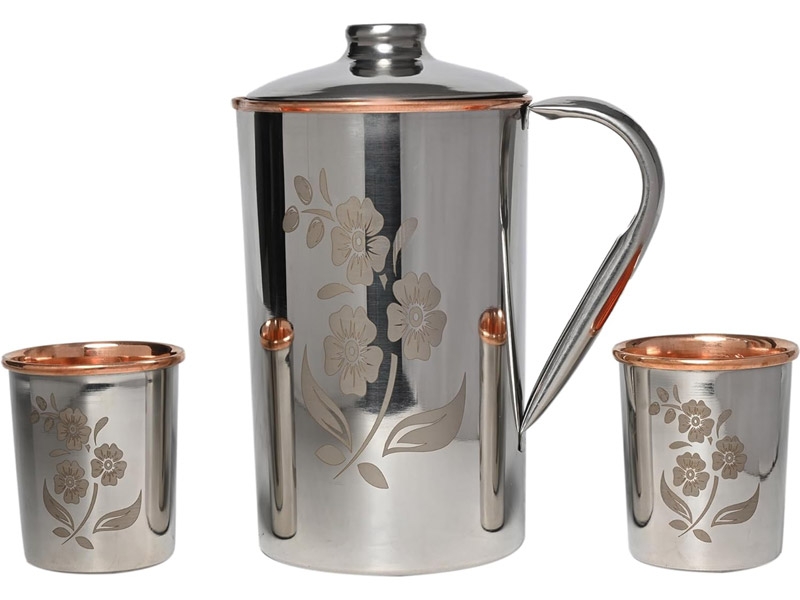 Stainless Steel and Pure Copper Water Pitcher with 2 Matching Tumblers for Ayurveda Health Benefits Floral Pattern