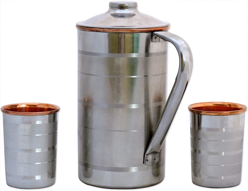 Stainless steel plain jug with two tumblers 