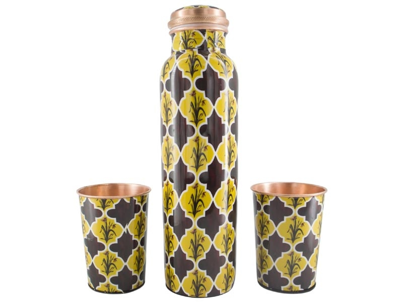  Pure Copper Water Bottle with 2 Tumblers Set Reaping Ayurvedic Benefits with GIFT PACKAGING Yellow
