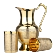 Brass Mughlai Jug with 2 Straight Tumblers Embossed Design for Water Storage and Serving