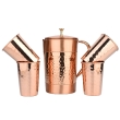 Hammered and Plain Copper Water Set Jug With 4 Tumblers for Ayurveda Health