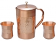Pure Copper Water Jug with 2 Copper Tumblers Hammered and Plain Pattern For Ayurveda Health Benefits With Curved Glass