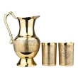 Brass Mughlai Jug with 2 Straight Tumblers Embossed Design for Water Storage and Serving
