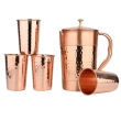 Hammered and Plain Copper Water Set Jug With 4 Tumblers for Ayurveda Health