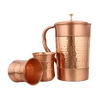Pure Copper Water Jug with 2 Copper Tumblers Hammered and Plain Pattern For Ayurveda Health Benefits With Curved Glass