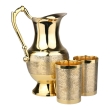 Brass Mughlai Jug with 2 Straight Tumblers Embossed Design for Water Storage and Serving