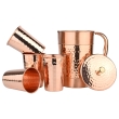 Hammered and Plain Copper Water Set Jug With 4 Tumblers for Ayurveda Health