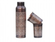 Pure Copper Water Bottle with Tumblers Etching Pattern For Ayurveda Health Benefits 1000 Ml Capacity