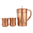 Pure Copper Water Jug with 2 Copper Tumblers Hammered and Plain Pattern For Ayurveda Health Benefits With Curved Glass