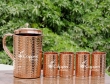 Hammered Pure Copper Pitcher and Four Tumblers Set