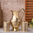 Brass Mughlai Jug with 2 Straight Tumblers Embossed Design for Water Storage and Serving