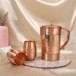 Pure Copper Water Jug with 2 Copper Tumblers Hammered and Plain Pattern For Ayurveda Health Benefits With Barrel Glass