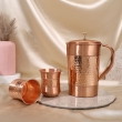 Pure Copper Water Jug with 2 Copper Tumblers Hammered and Plain Pattern For Ayurveda Health Benefits With Curved Glass