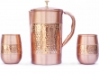 Pure Copper Water Jug with 2 Copper Tumblers Hammered and Plain Pattern For Ayurveda Health Benefits With Barrel Glass