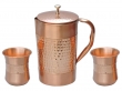 Pure Copper Water Jug with 2 Copper Tumblers Hammered and Plain Pattern For Ayurveda Health Benefits With Curved Glass